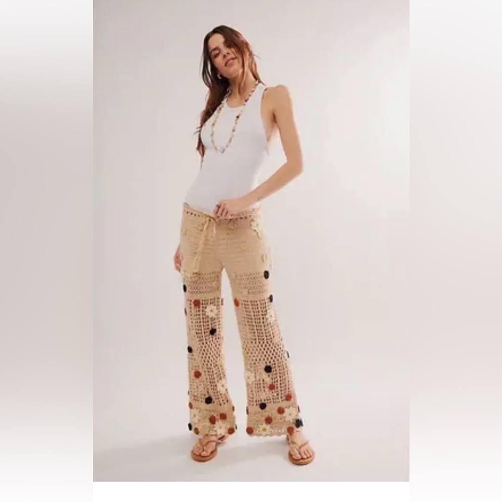Free People Cactus Flower Crochet Pant Drawstring Natural Ivory Black Rust - Picture 1 of 7